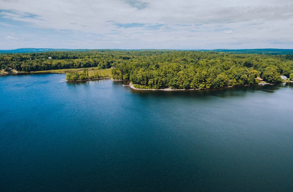 Drone shot looking west over Canobie Lake in New Hampshire