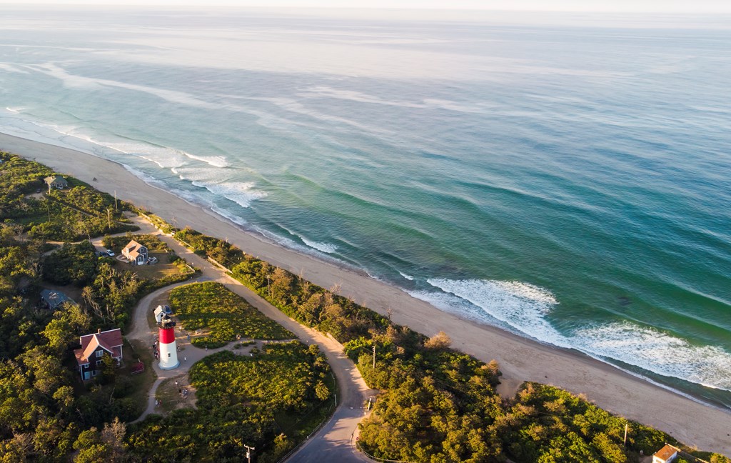 Nauset Beach with Nauset Light, aerial view