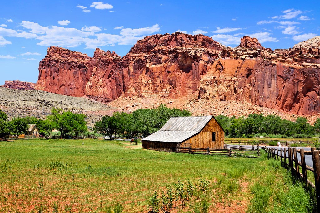 Historic Fruita Barn amongst the red rocks of Capitol Reef National Park, Utah, USA