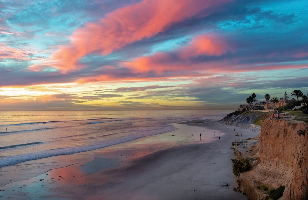 Beautiful pink and blue sunset off Carlsbad state beach in California.