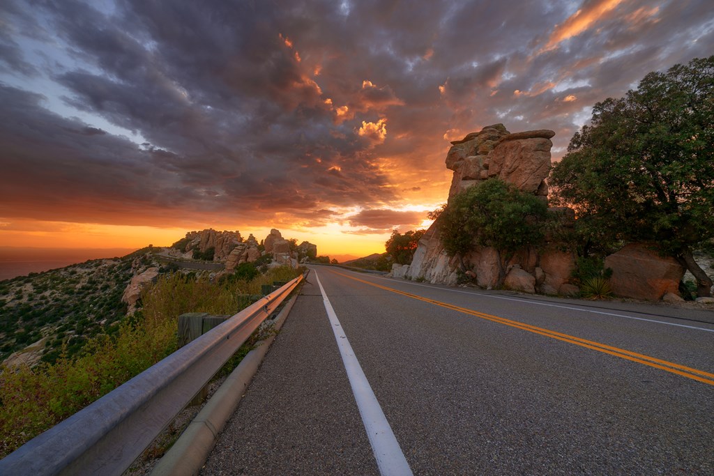 Colorful sunset sky and clouds over the hodoos along the Catalina Highway on Mount Lemmon near Tucson, Arizona.