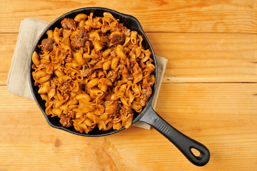 A chili macaroni skillet dinner shot from above.