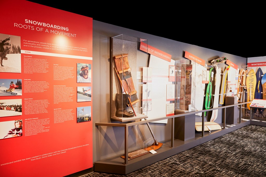 Wide shot of a display about the history of snowboarding at the Colorado Snowsports Museum.