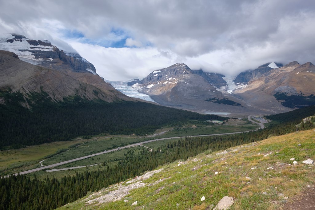 Taken from high on the Wilcox Pass Trail, Alberta's Icefield Parkway snakes below three toes of the Columbia Icefield, including Athabasca and Dome glaciers.