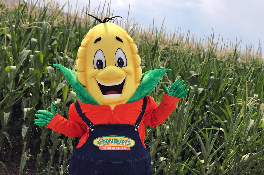 a corn cobb mascot poses in front of a corn field.