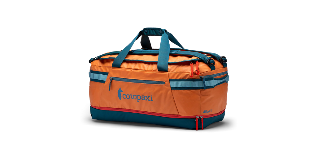 Colorful duffel bag on a white background.