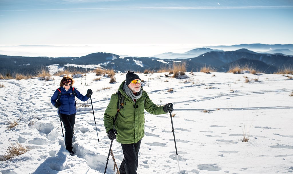 Senior couple with nordic walking poles hiking in snow-covered winter scene.