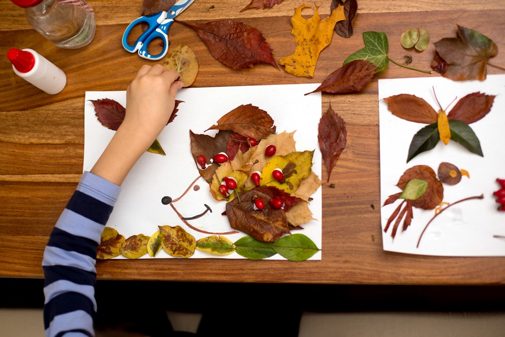 Closeup overhead shot of a young child making a collage with fall leaves.