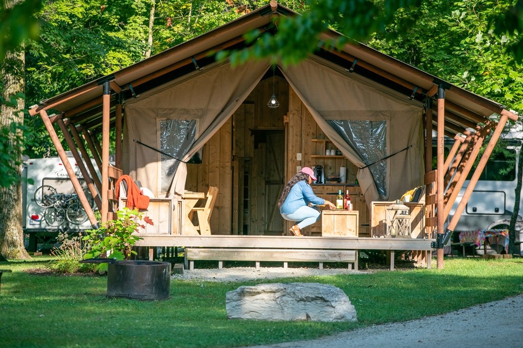 A glamping tent guests can rent at a KOA campground.