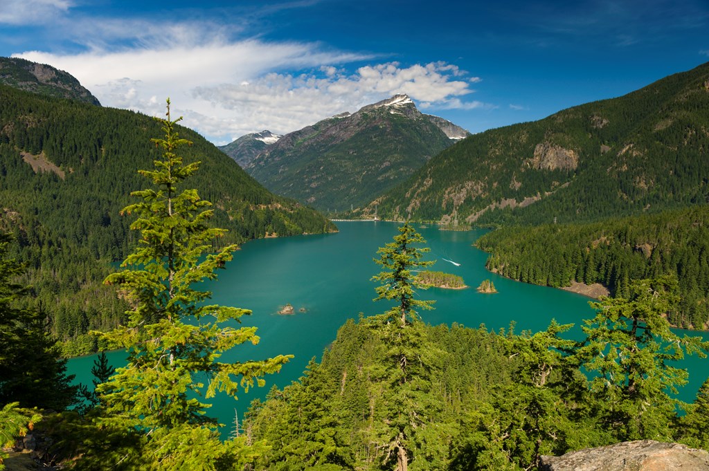 Created by Diablo Dam, the lake is located between Ross Lake and Gorge Lake on the Skagit River. The unique, intense turquoise hue is from glacial rock ground to a fine powder.