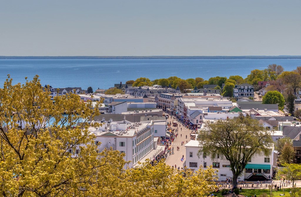 An aerial view of the main street on Mackinac Island in Michigan.