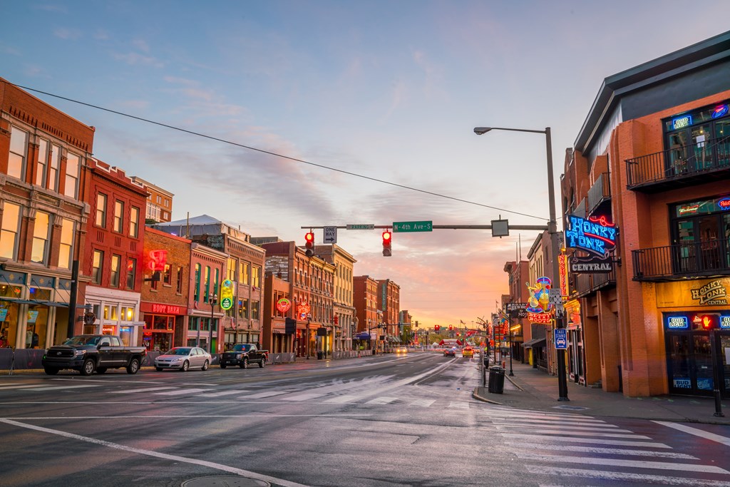 Neon signs in early morning on Lower Broadway in Nashville, Tennessee.