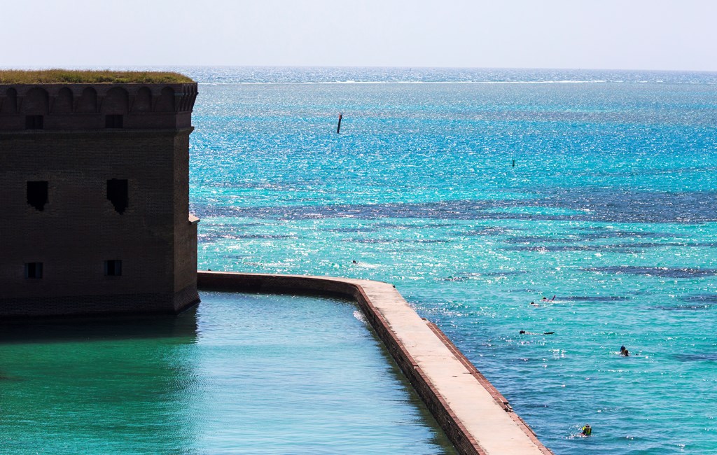 Landscape view of the outside of Fort Jefferson in Dry Tortugas National Park (Florida).