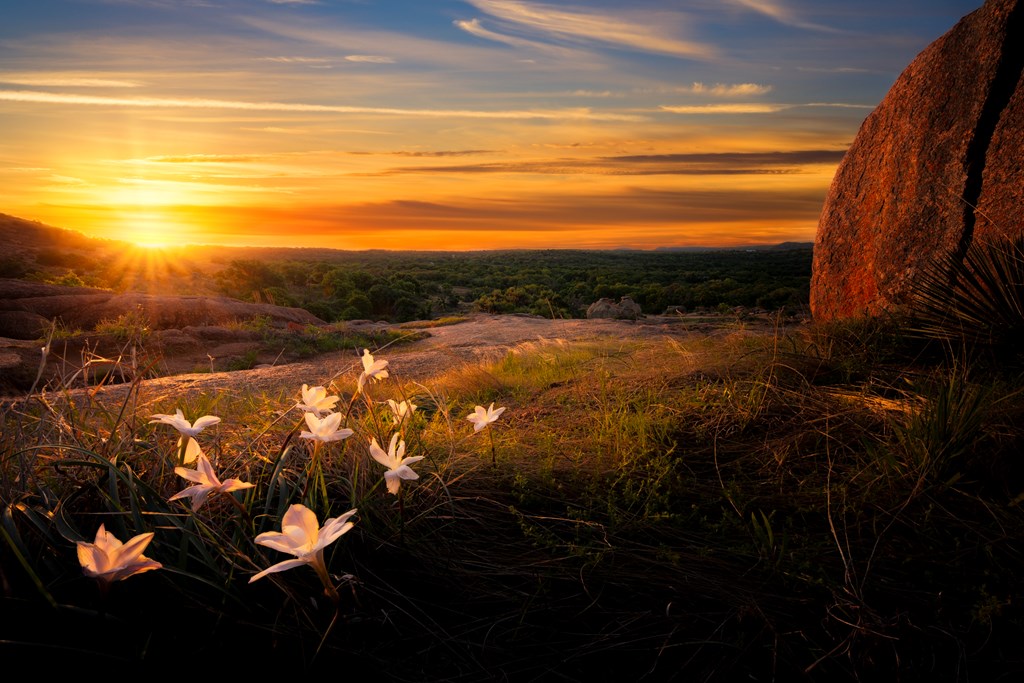 Stunning sunrise at Enchanted Rock State Park near Fredericksburg, TX.