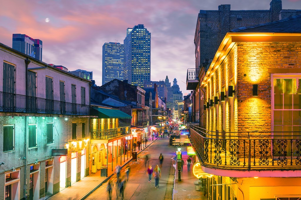 Pubs and bars with neon lights in the French Quarter, New Orleans USA