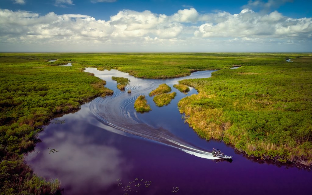An aerial view of the waterways and marshland of the Florida Everglades. An airboat moves through the water at the right of the photo.