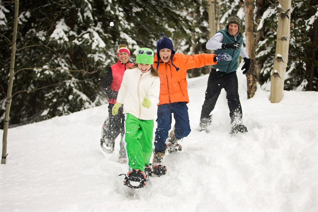 A family of four with two children enjoy snowshoeing in the forest.