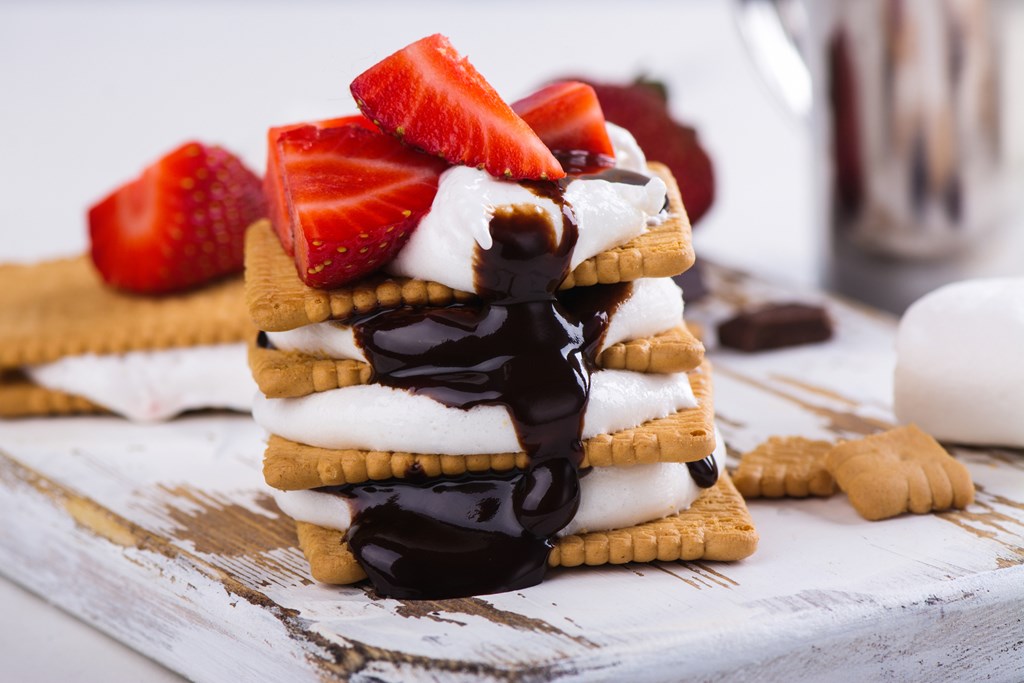Picnic dessert smores with marshmallow, graham crackers, strawberry and chocolate sauce on light background