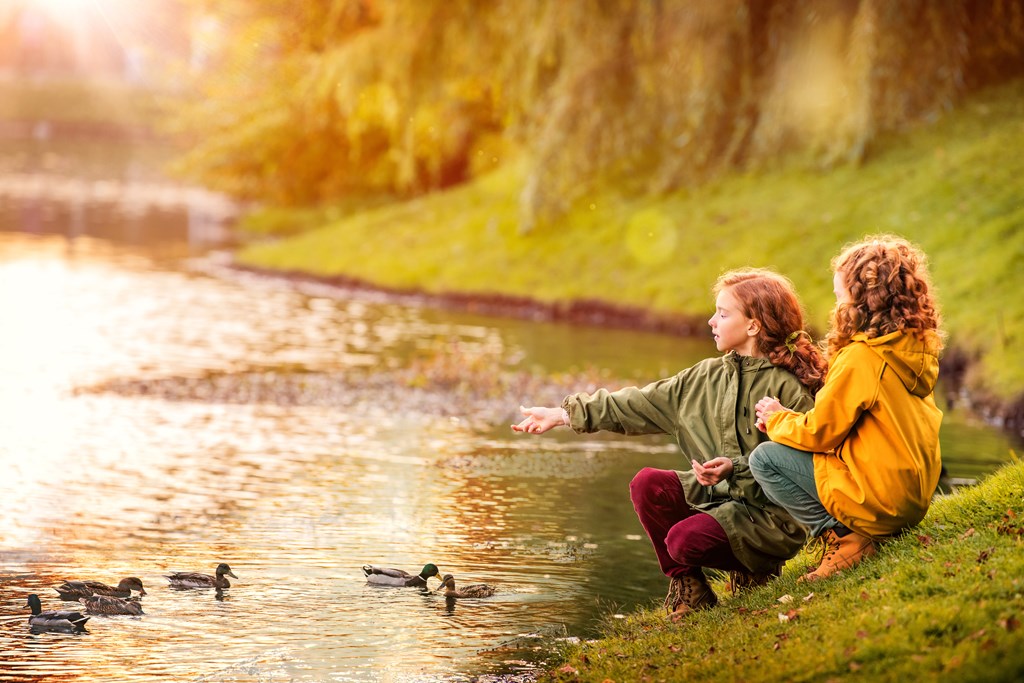 Two young girls by a pond feed the ducks.