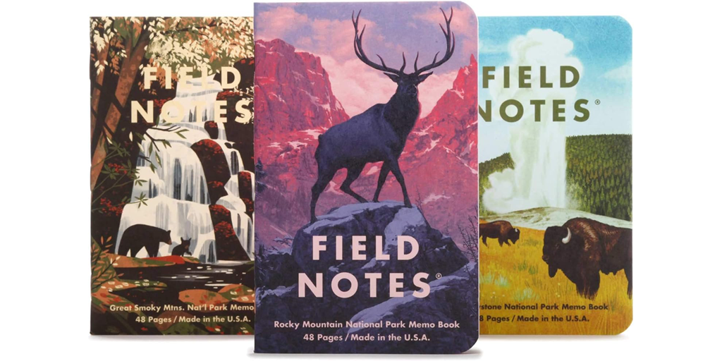 Three small notebooks with national park scenes on a white background.