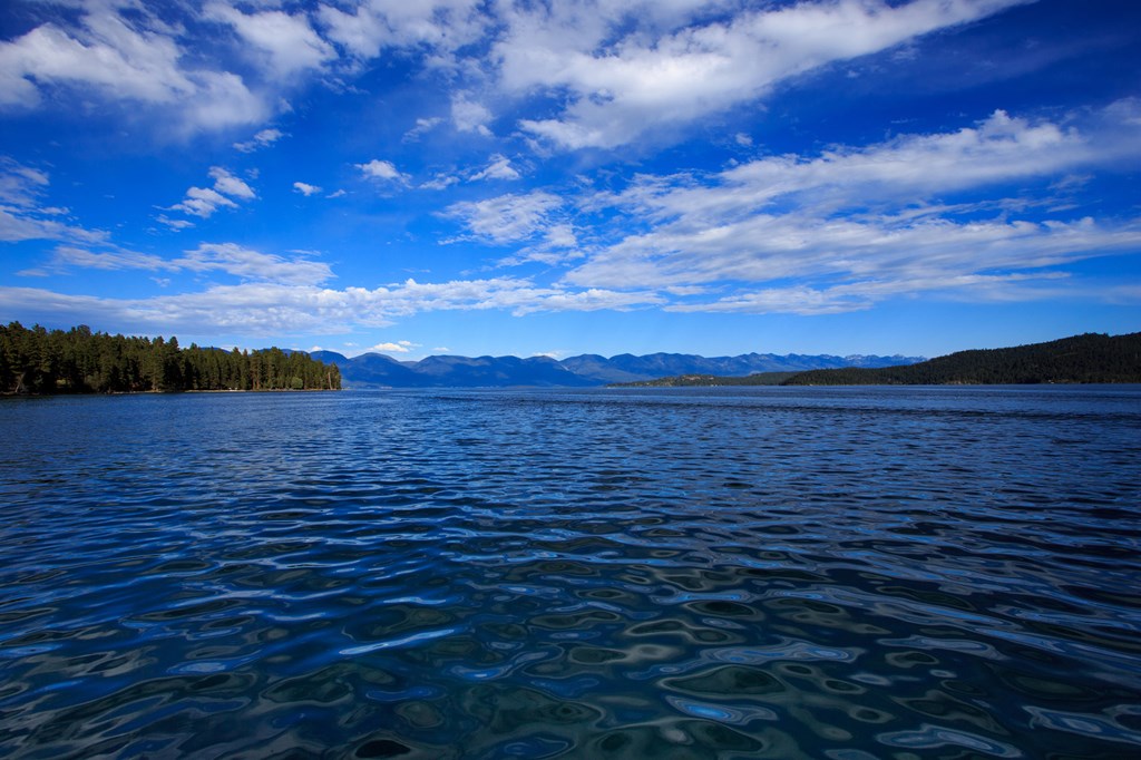 Landscape of Flathead Lake in Montana with water and mountains.