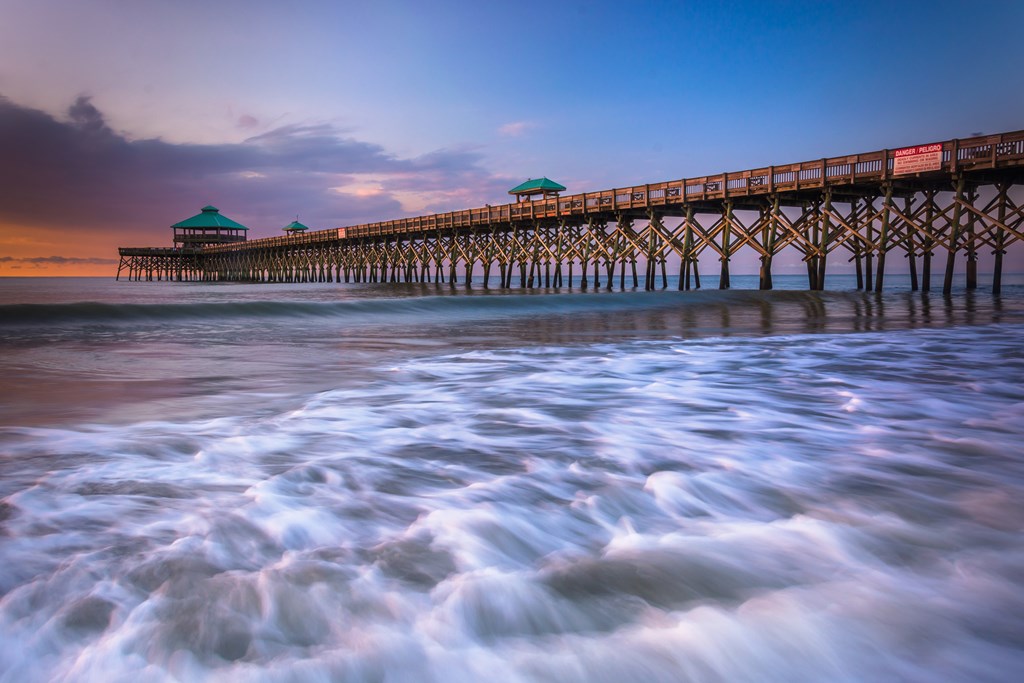 The fishing pier at sunrise, in Folly Beach, South Carolina.