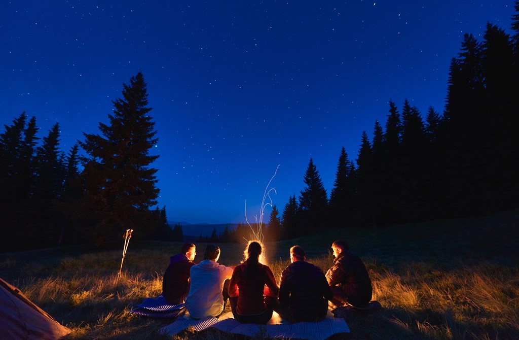 A group of friends gathered around a campfire at night.