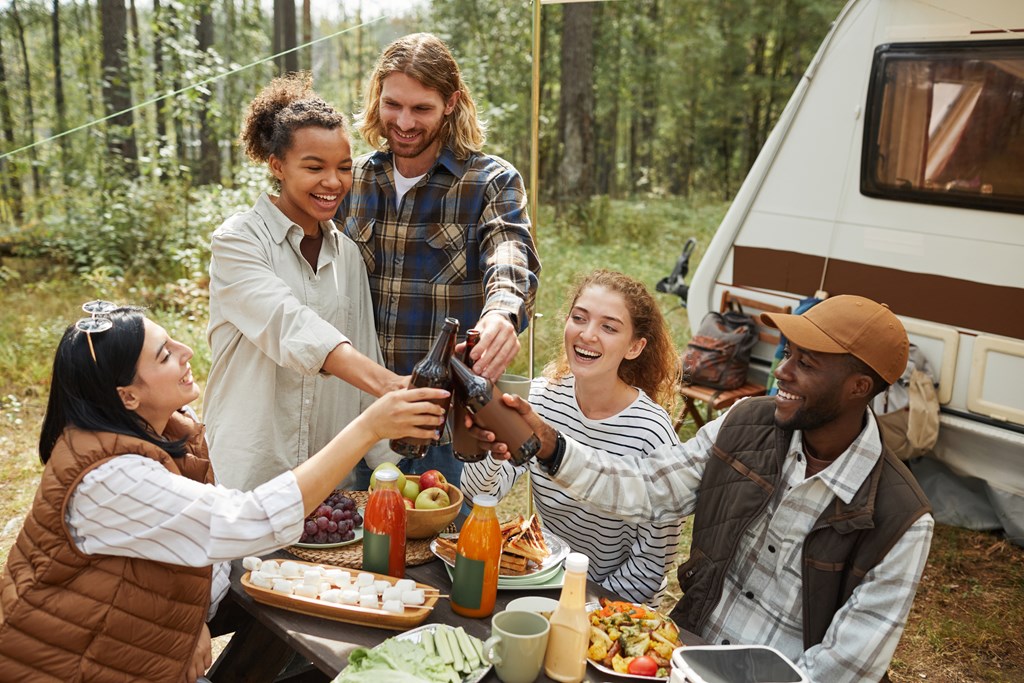 High angle view at diverse group of young people clinking beer bottles while enjoying picnic outdoors at campsite with trailer van