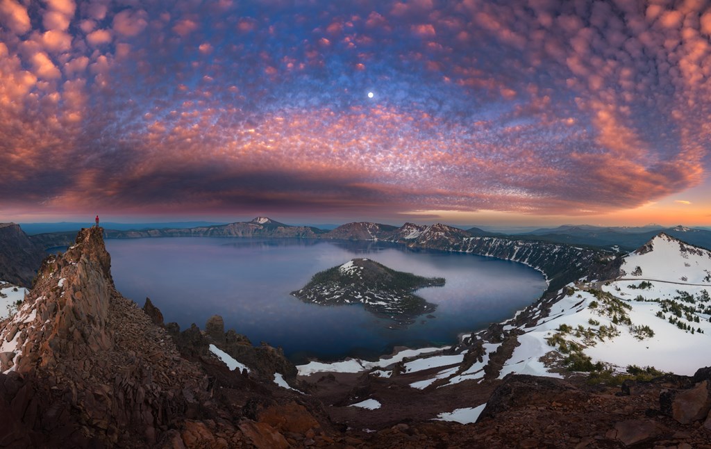 Crater Lake with full moon at dusk