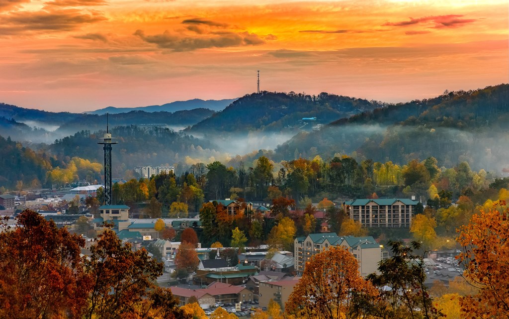 Sunrise over Gatlinburg skyline during fall.