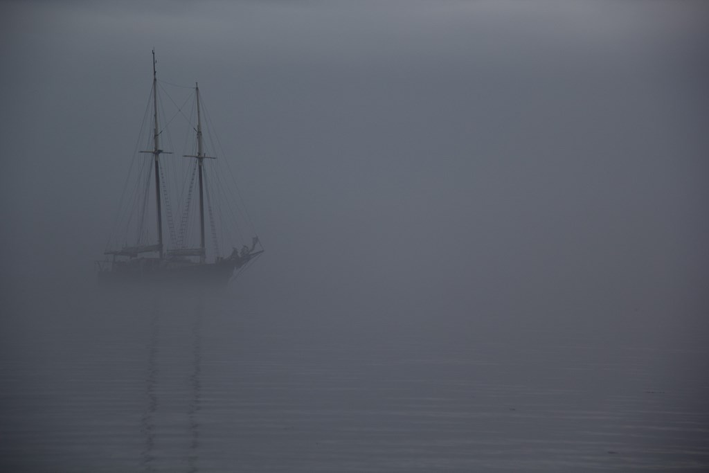 A ship amidst fog helps set the scene the scary story for kids, called Ghost Ship of Captain Sandovate