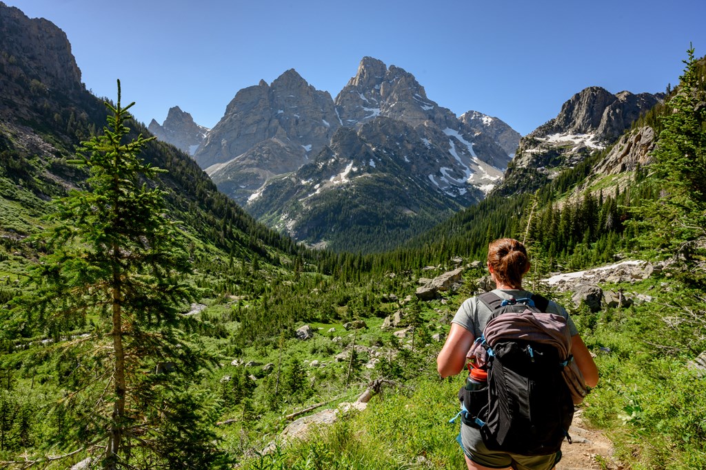 Woman Looks Out Over Tetons Wilderness on sunny summer day.