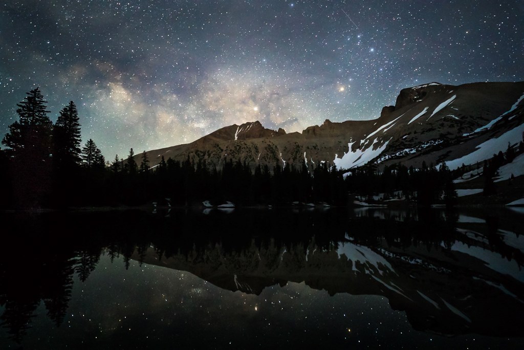 Stars reflecting in lake at 10,000 feet in Great Basin National Park, Nevada.
