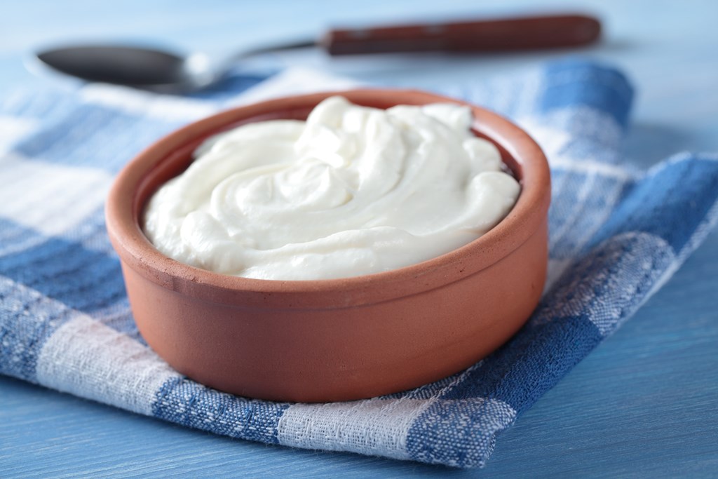Greek yogurt in a small terracotta bowl.