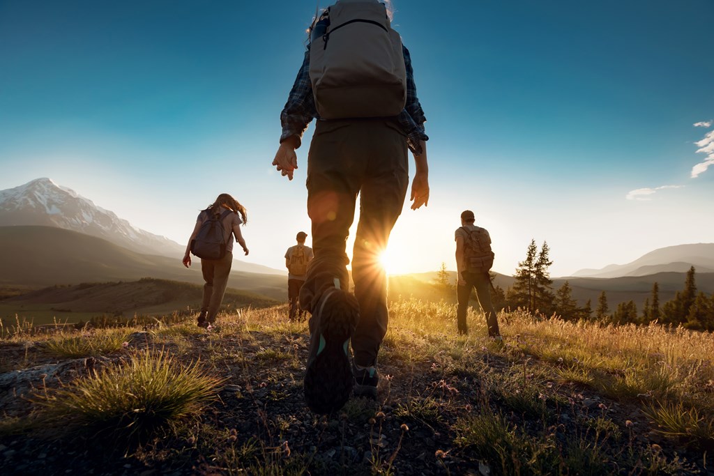 Group of sporty people walks in mountains at sunset with backpacks. 