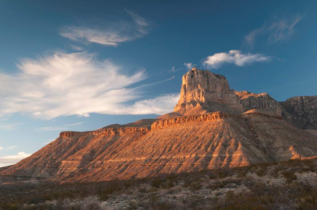 Guadalupe Mountains National Park is located in West Texas. El Capitan stands as a prominent landmark over the Chihuahuan Desert. The Guadalupe Mountains have the highest peaks in Texas.