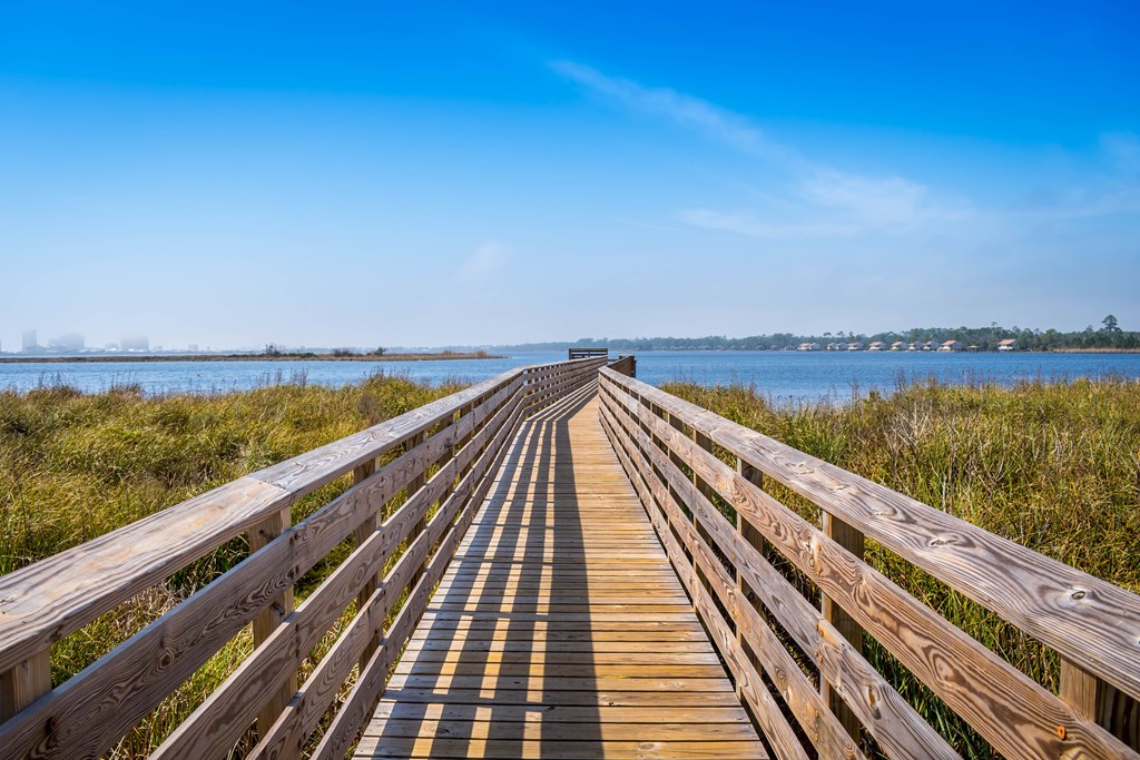 A very long boardwalk surrounded by shrubs in Gulf Shores, Alabama in Gulf Shores, Alabama, United States