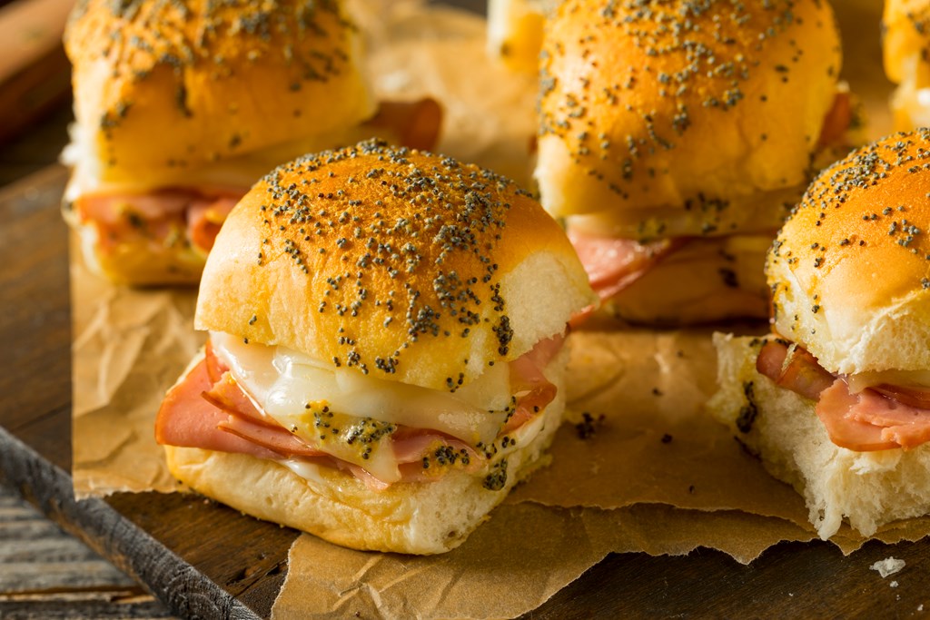 Hawaiian Ham and Cheese Buns with Mayo and Poppy Seeds.