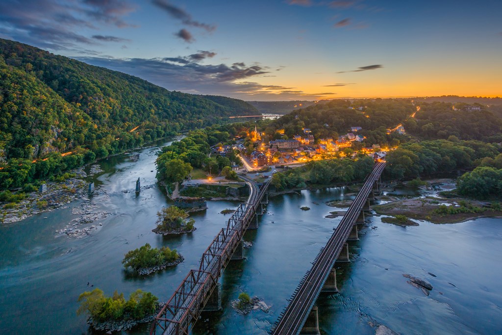 View of Harpers Ferry, West Virginia at sunset from Maryland Heights