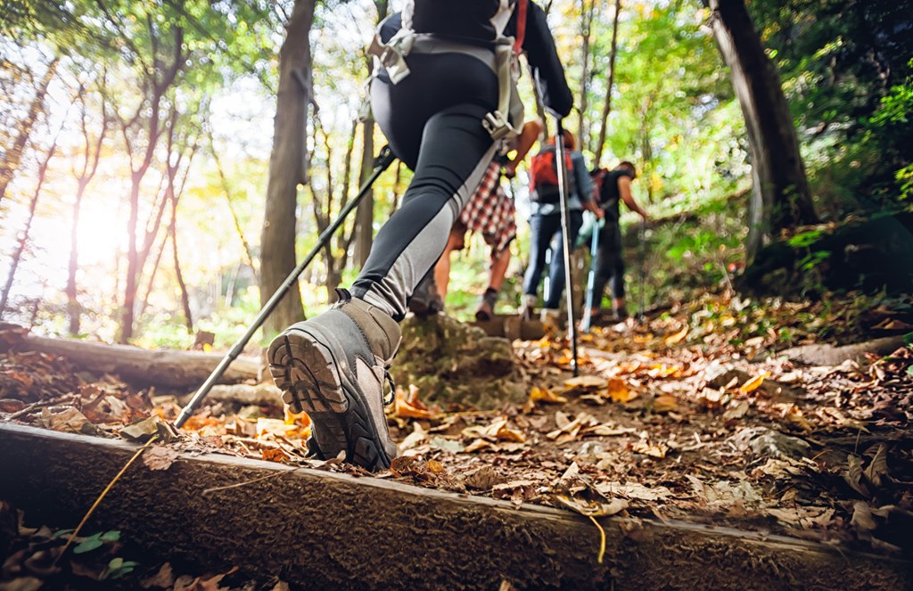 Close up of woman taking a stride on a group hike.