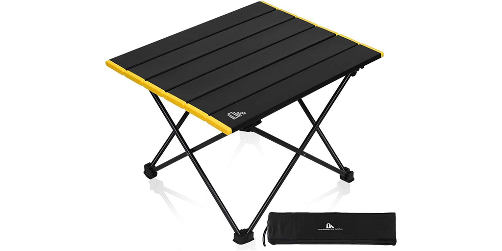 A small, foldable camp table.