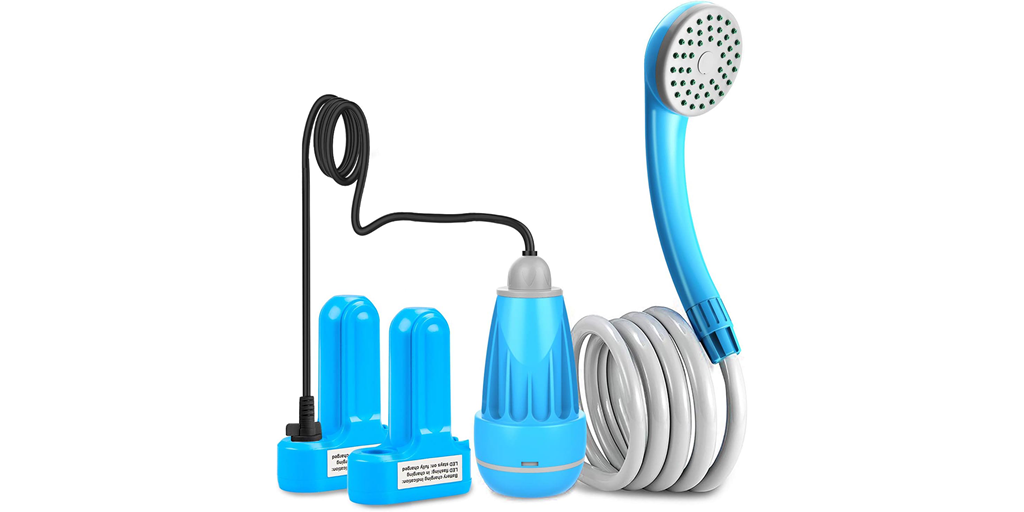 Blue portable shower on a white background.