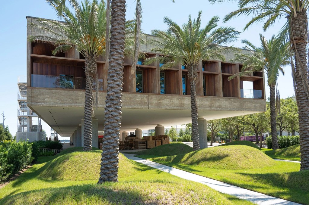 An exterior shot of the International African American Museum with palm trees in the foreground.