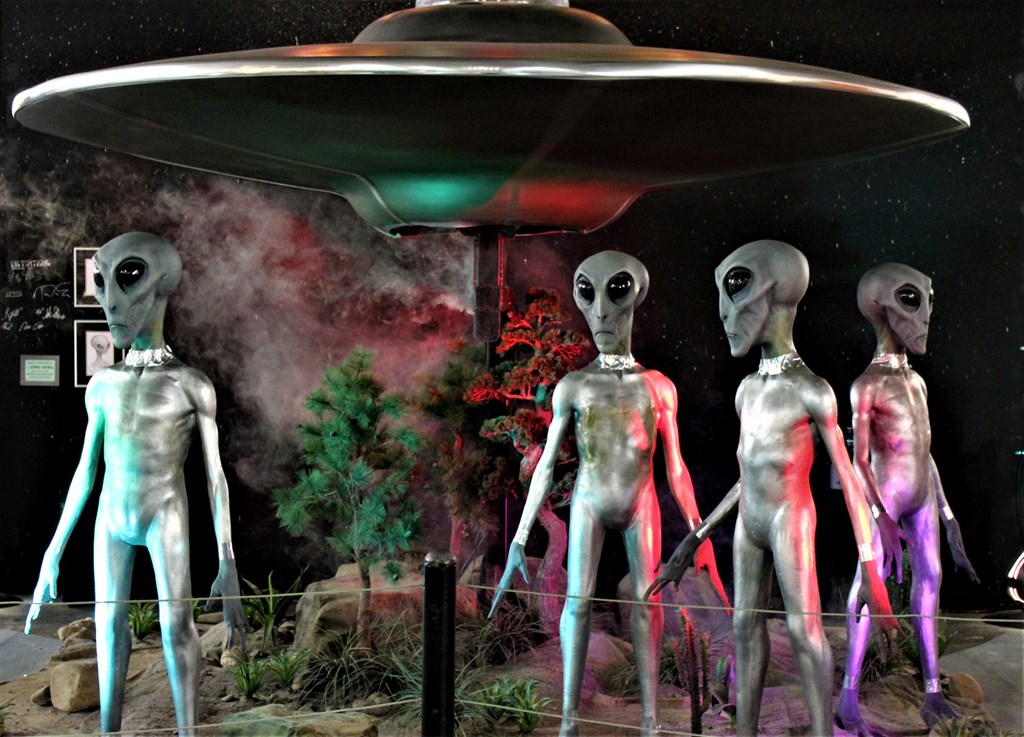 A display with aliens and UFO replica at the International UFO Museum in Roswell, New Mexico.