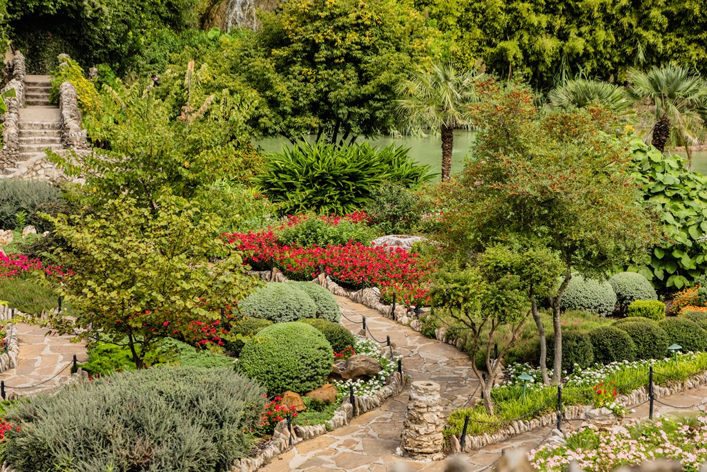 Stonework, walkways, and staircase at the Japanese Tea Garden in San Antonio, Texas.