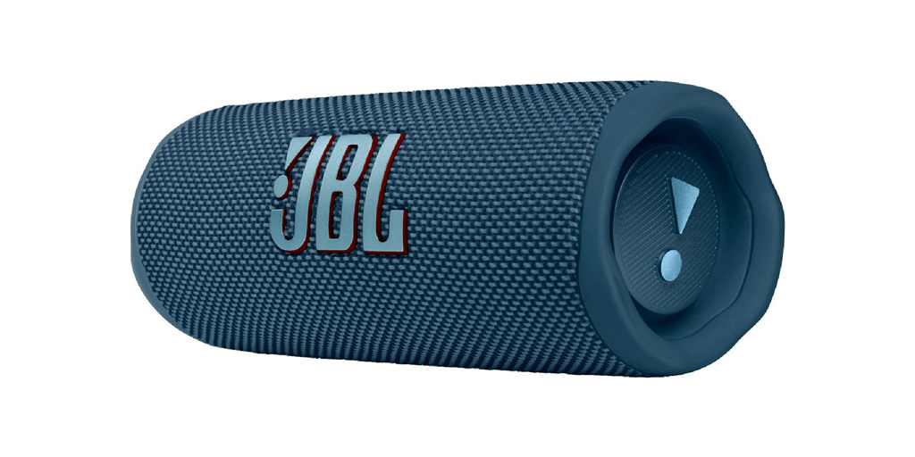 Blue wireless speaker on a white background.