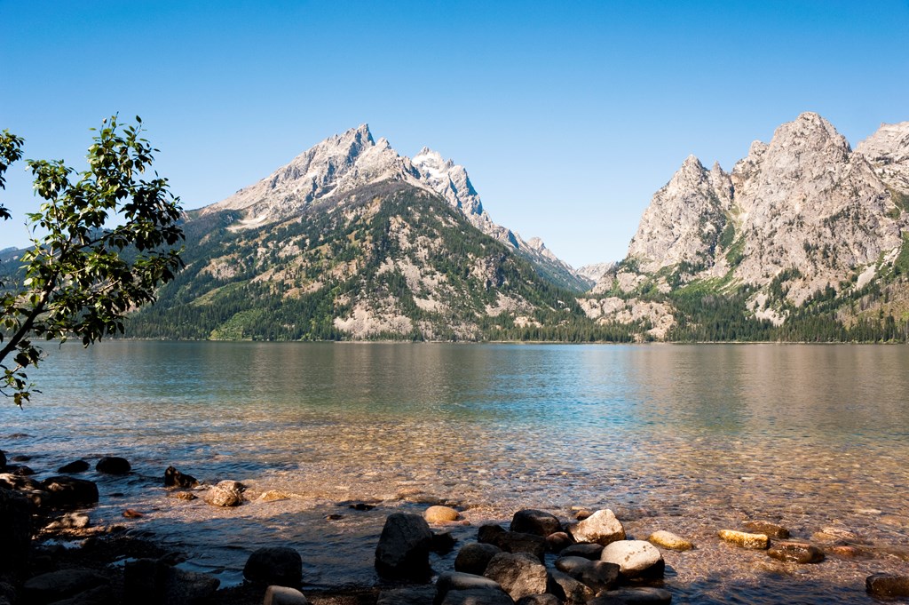 The Teton Range huddles against Jenny Lake at Grand Teton National Park, Wyoming.
