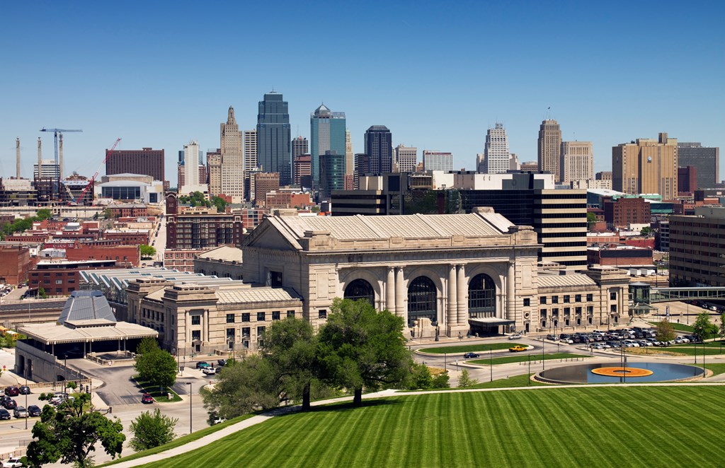 Union Station and view of downtown skyline in Kansas City, Missouri.