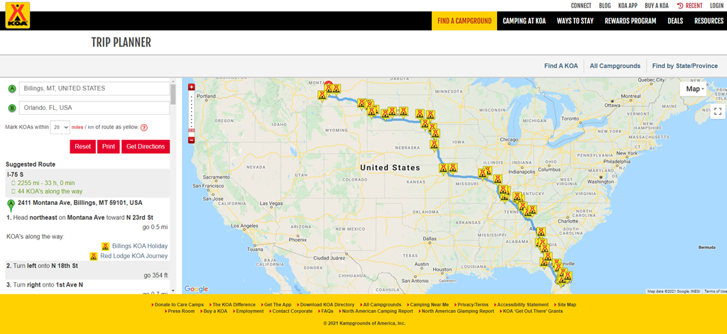 KOA's Trip Planner makes planning RV trips easy.