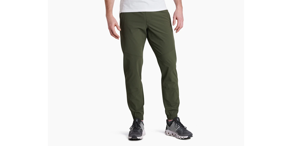 Closeup of a man wearing jogger pants. 